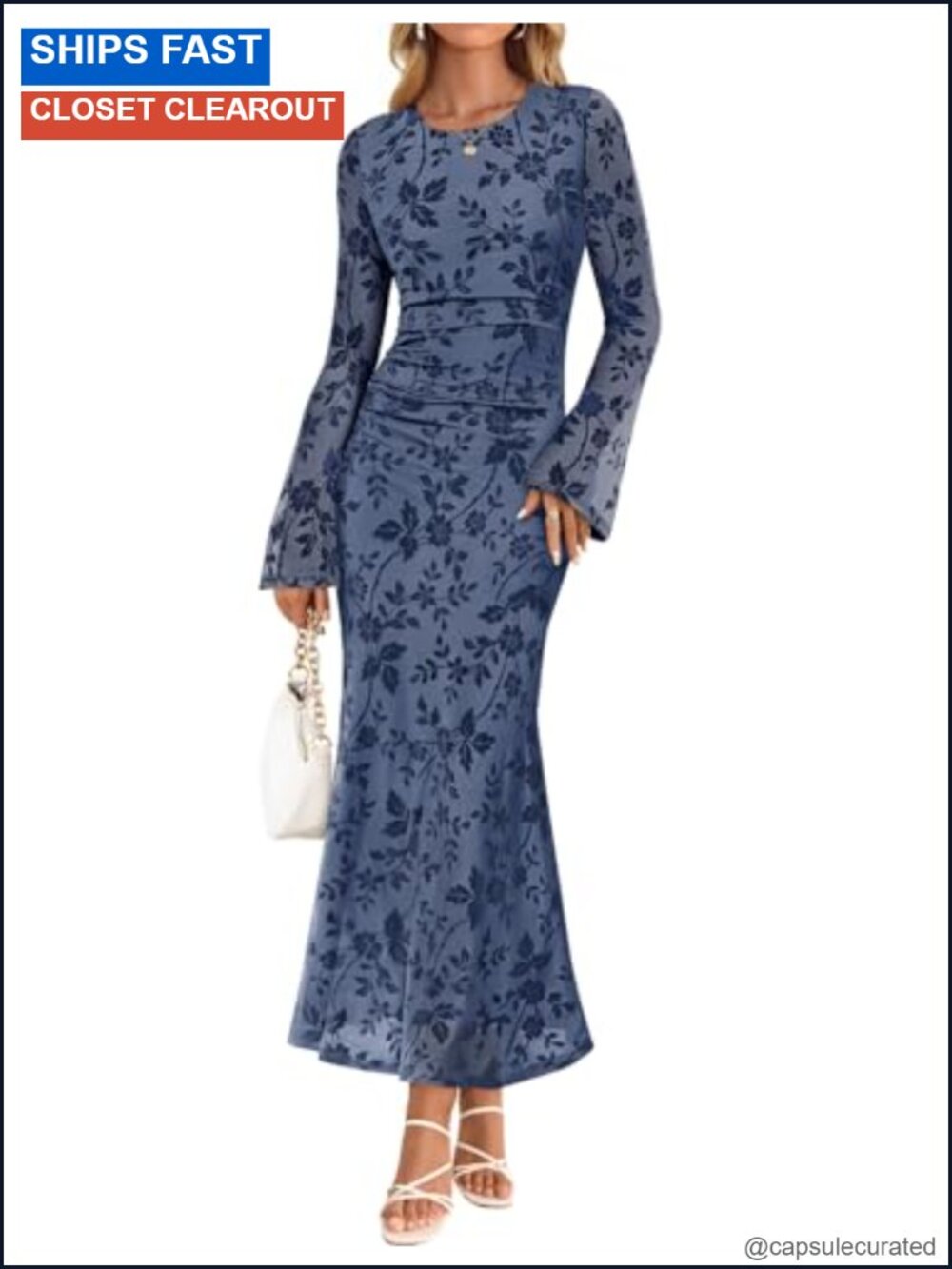 Women's Long Sleeve Floral Bodycon Ruched Mesh Maxi Formal Dress with Sheer